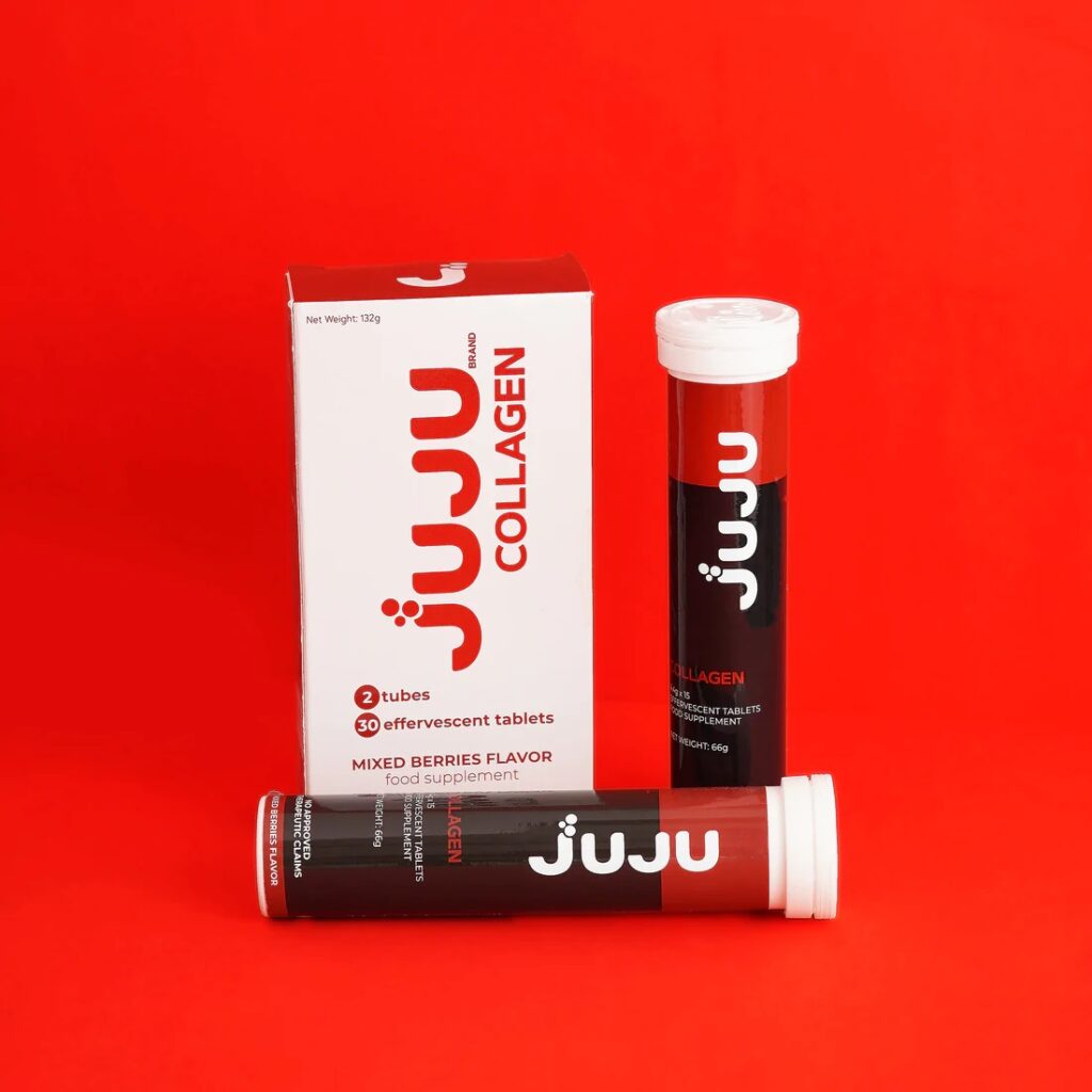 Box of Juju Collagen and 2 tubes of Juju Collagen with Vitamin C, the best collagen supplements in the Philippines.