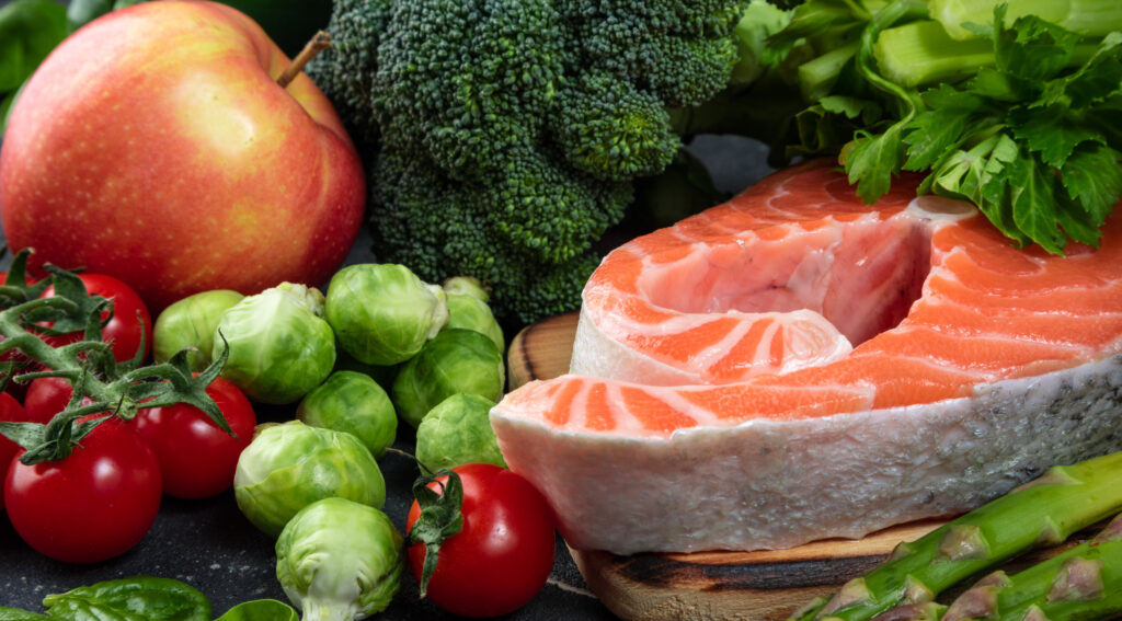 Healthy food selection of healthy food fish, vegetables, antioxidants and sources of omega 3. 